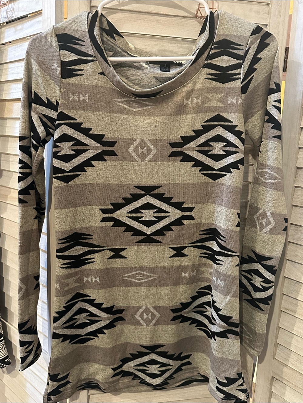 living doll Taupe and Black Aztec Long Sleeve Top